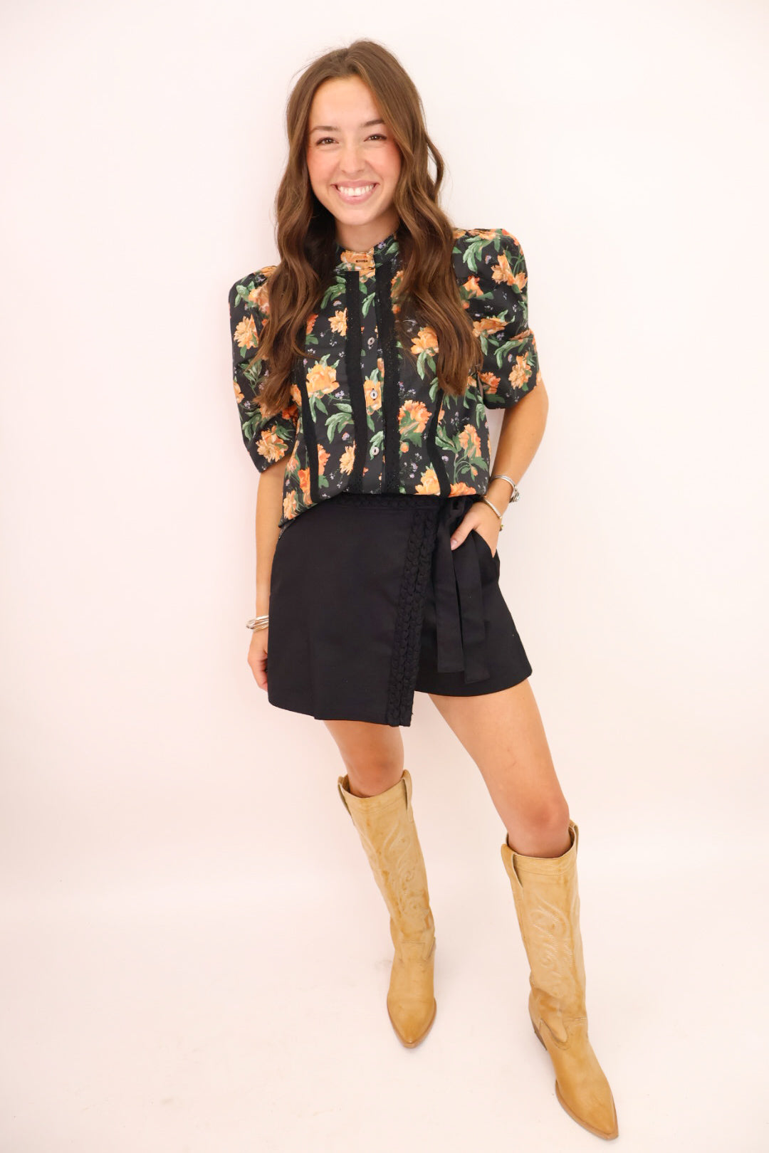 Midnight Marigold Floral Puff Sleeve Top