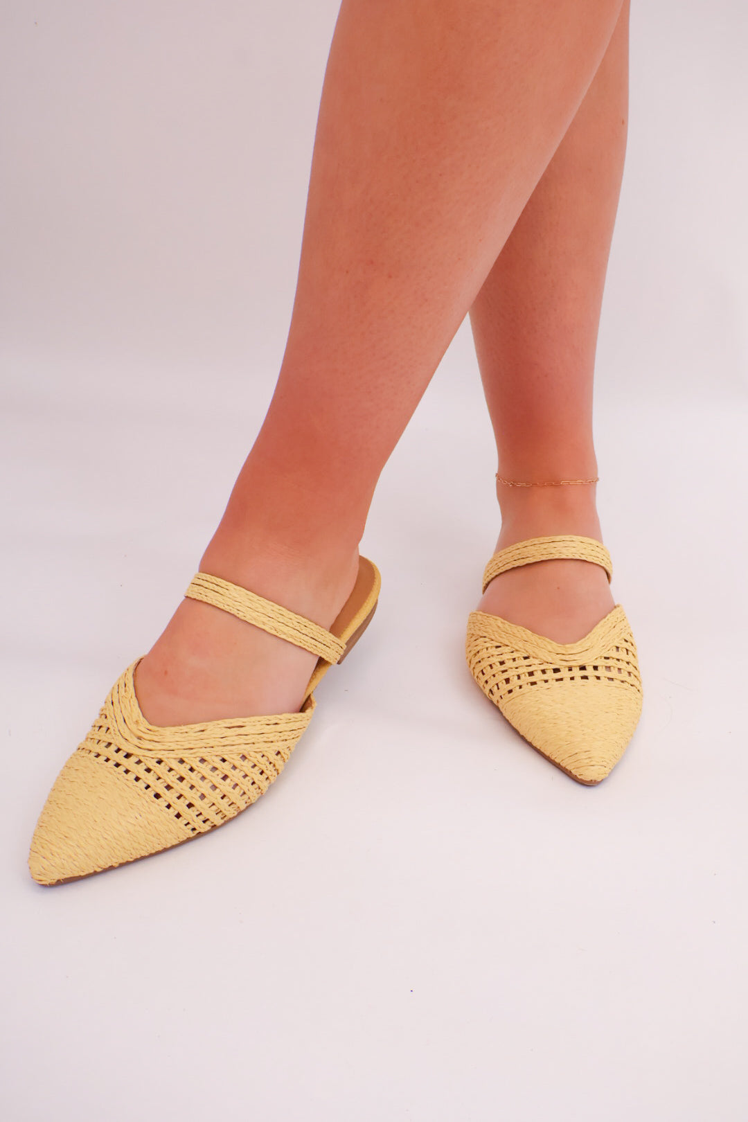Woven Raffia Pointed-Toe Mule Flats