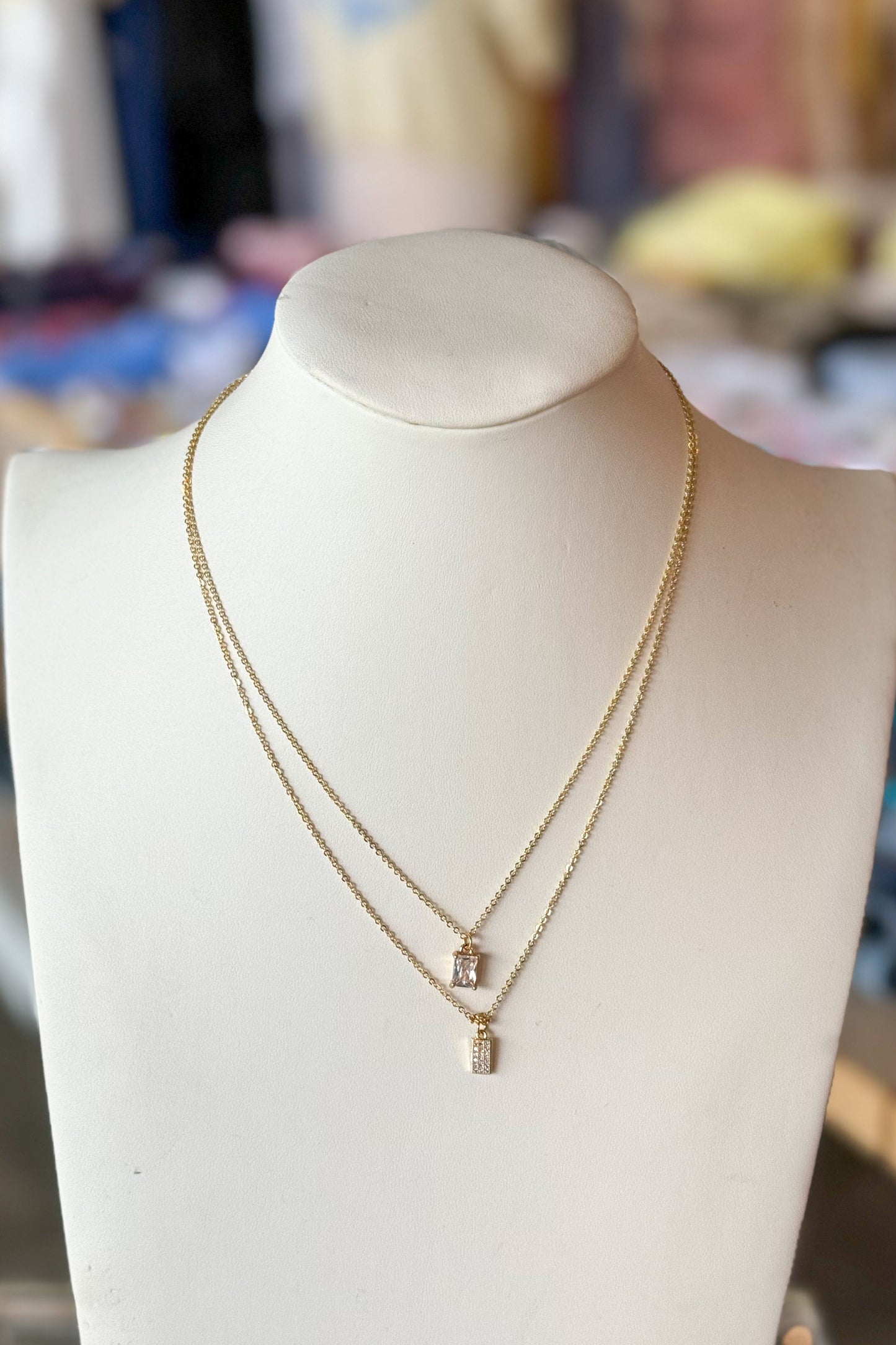 Double CZ and Emerald Shape Diamond Necklace