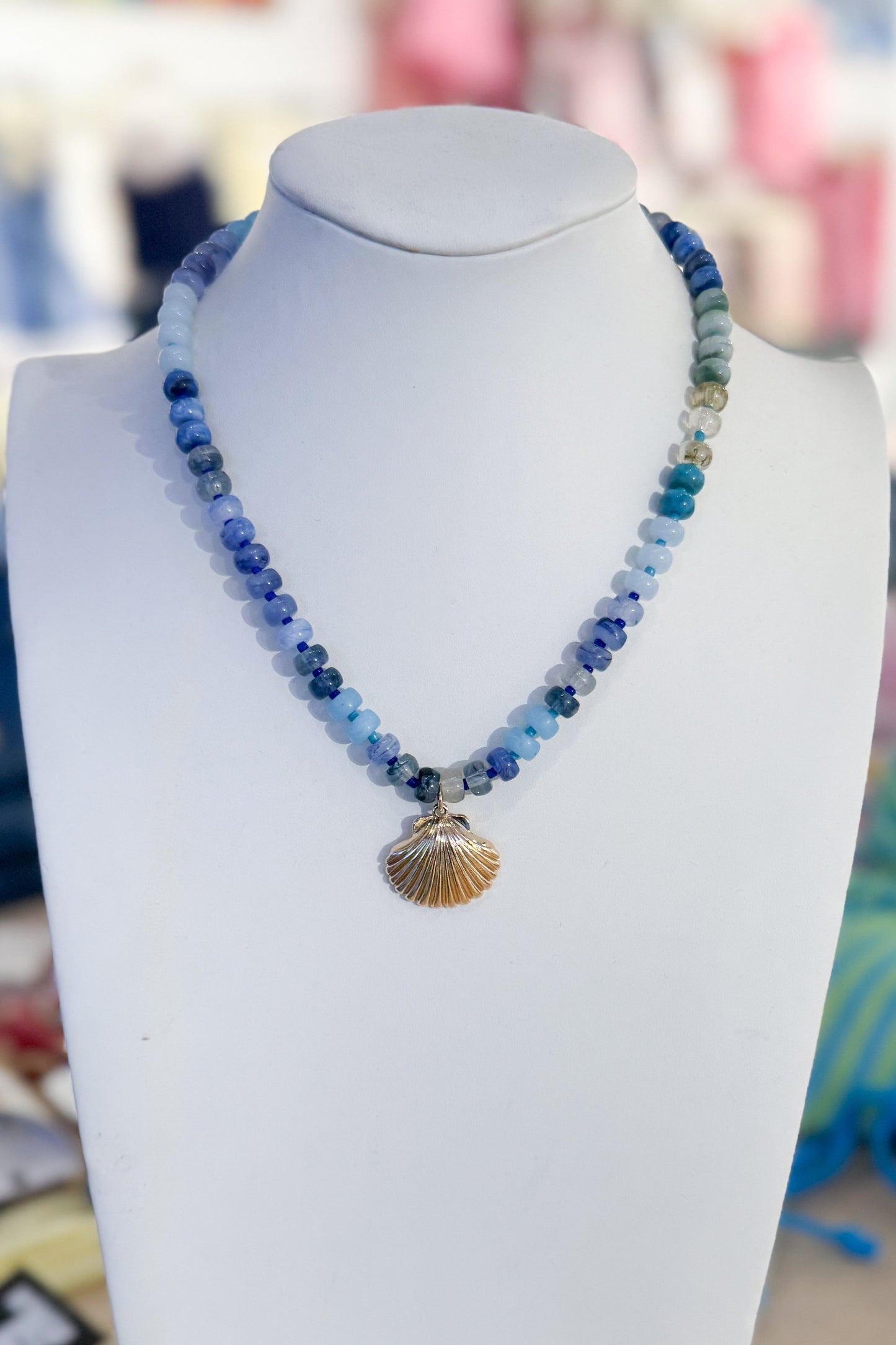 Blue Beaded Gold Shell Necklace