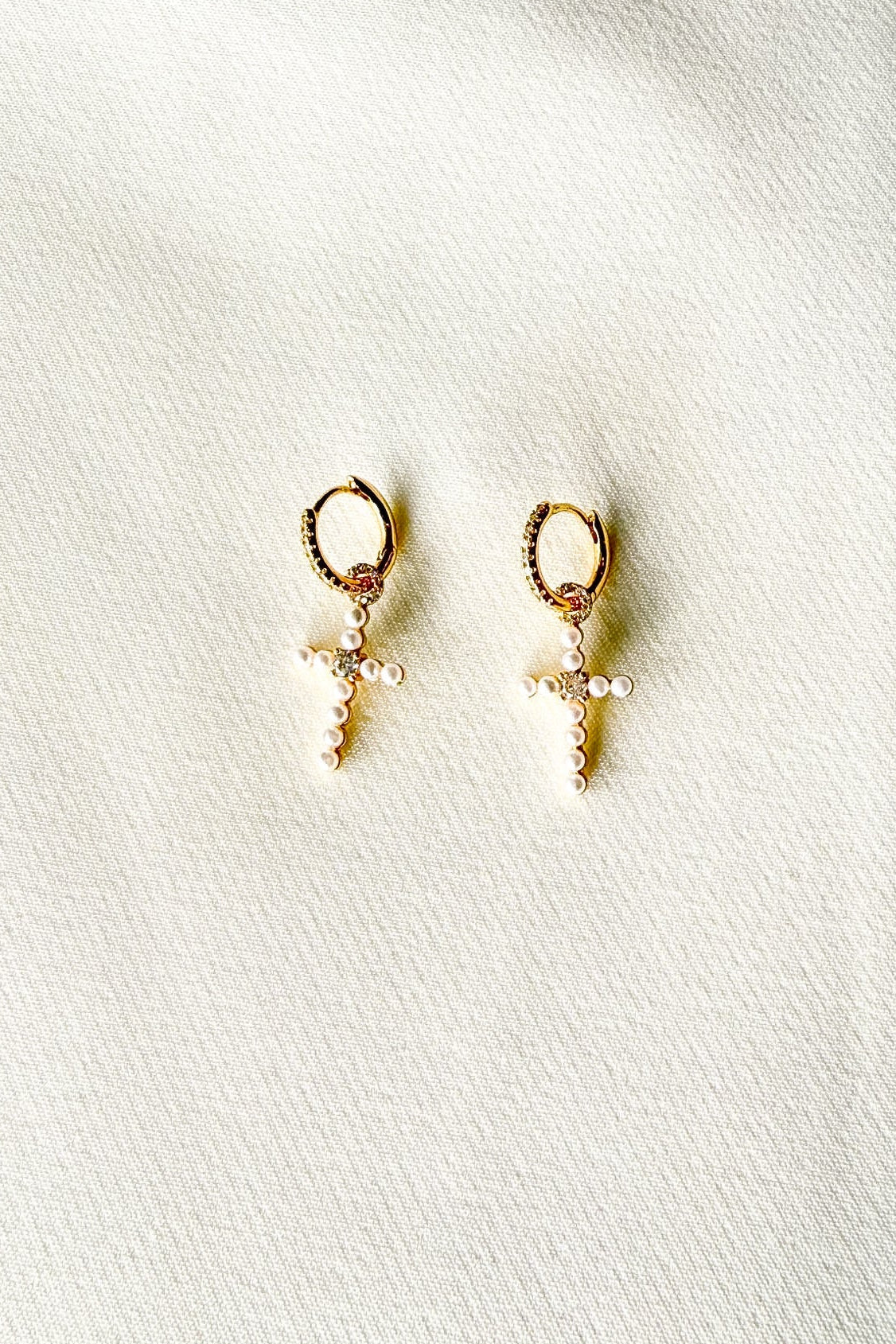 Pearl Cross Drop Hoop Earrings