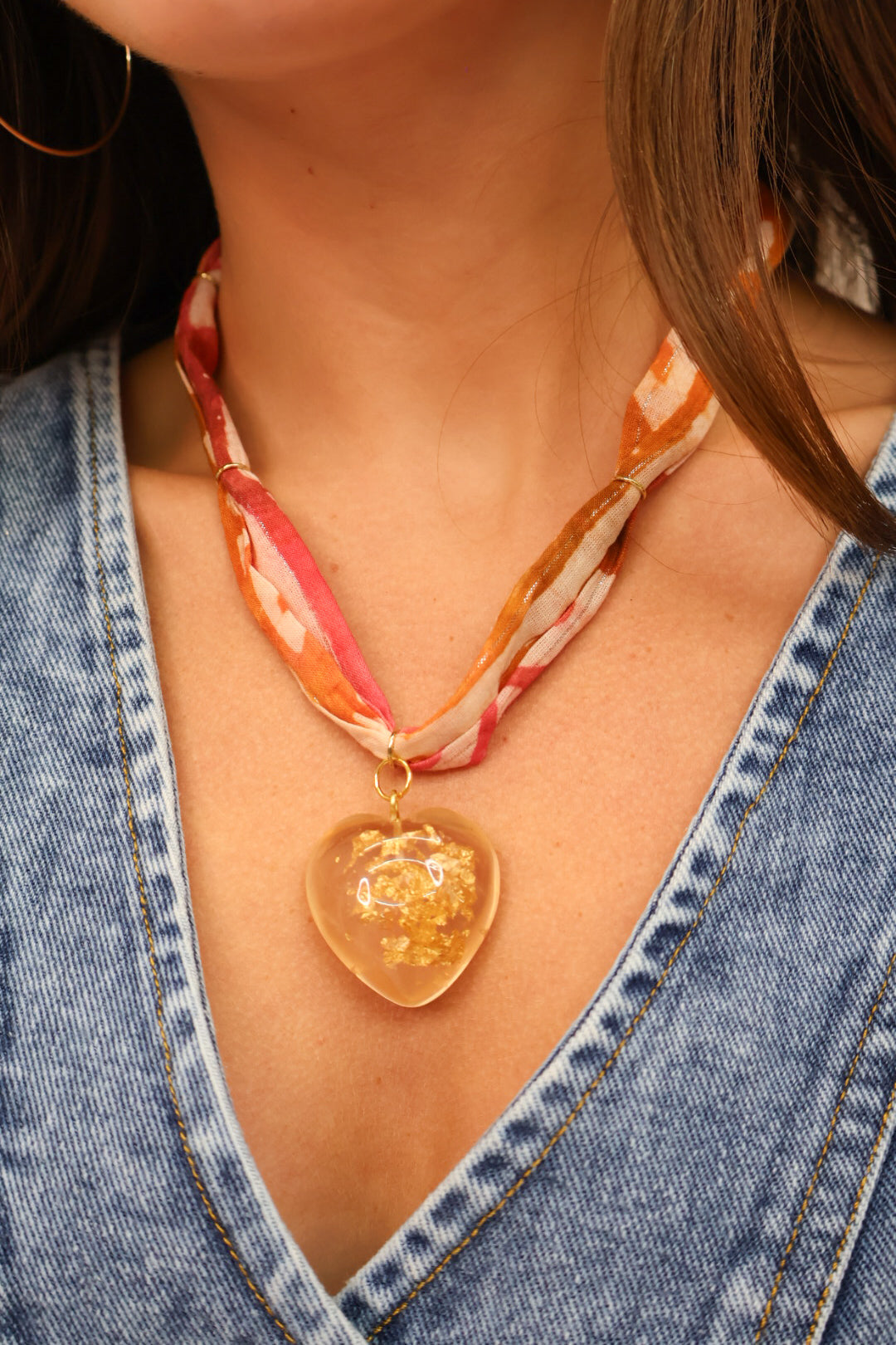 Scarf Necklace with Clear Heart Pendant