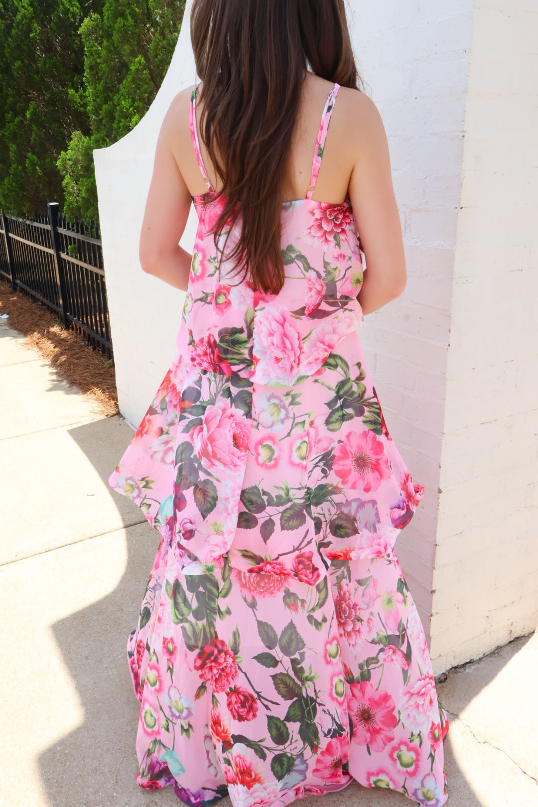 Pink Floral Tiered Ruffle Maxi Dress