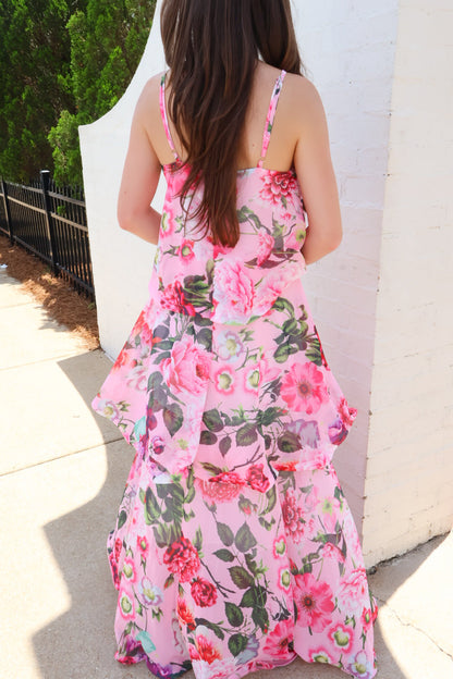 Pink Floral Tiered Ruffle Maxi Dress