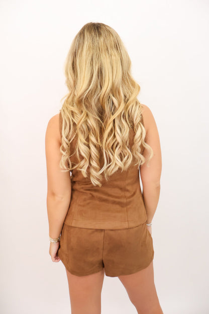 Faux Suede Vest and Shorts Set - Camel