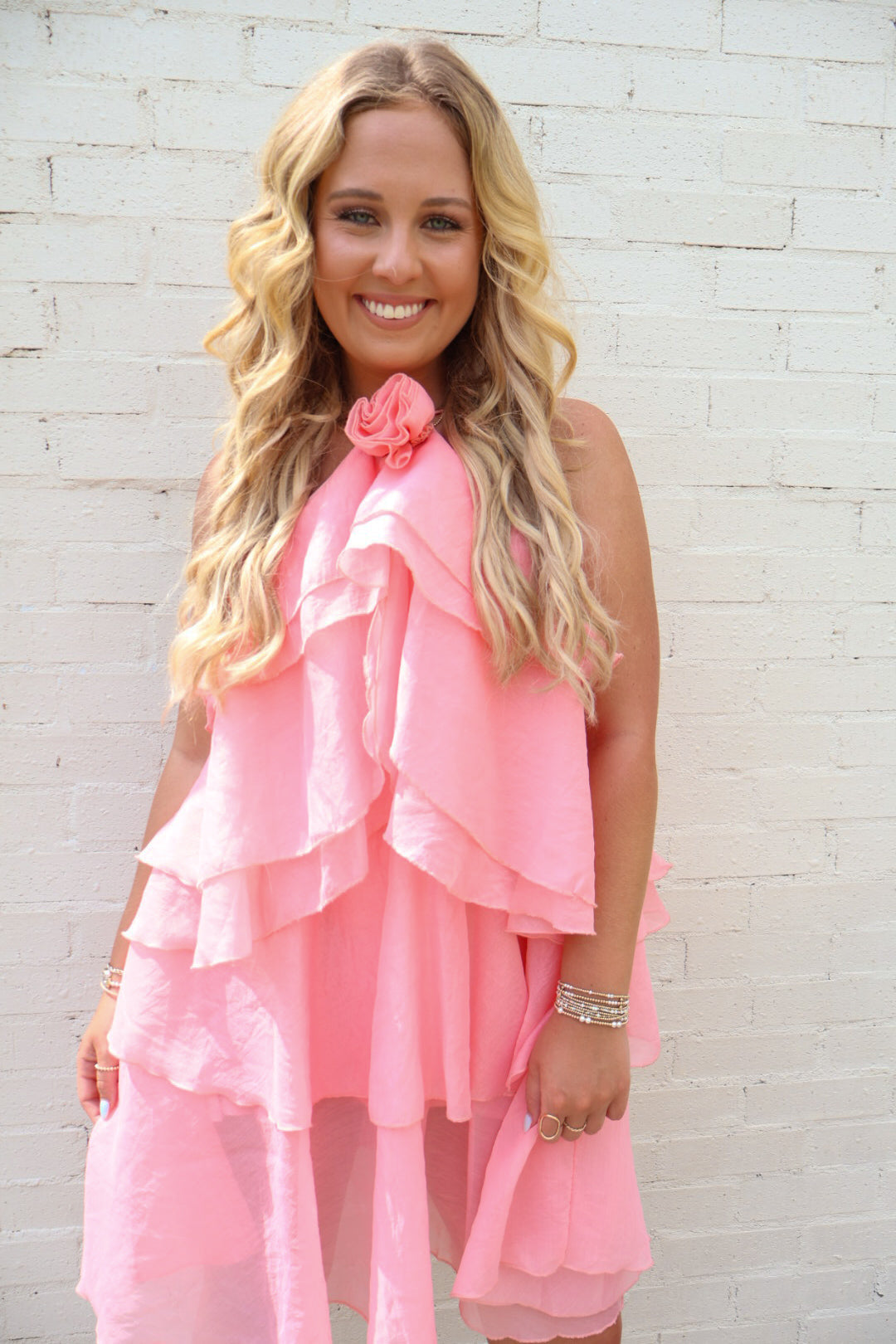 Tiered Rose Bud Halter Dress - Pink