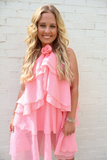 Tiered Rose Bud Halter Dress - Pink