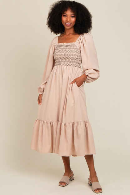 Beige Contrast Smocked Balloon Sleeve Maternity Midi Dress