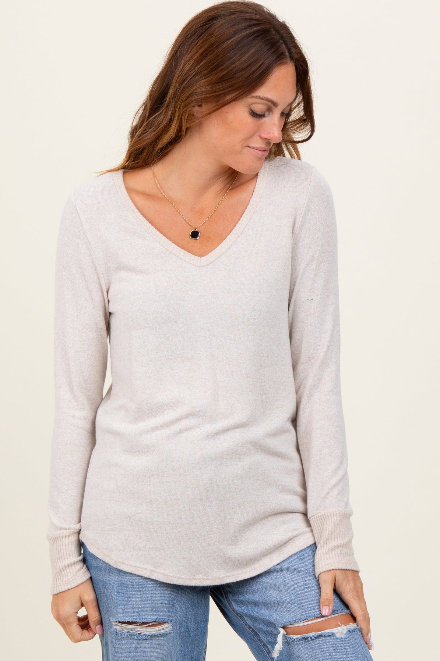 Beige Brushed Knit Relaxed V-Neck Long Sleeve Top