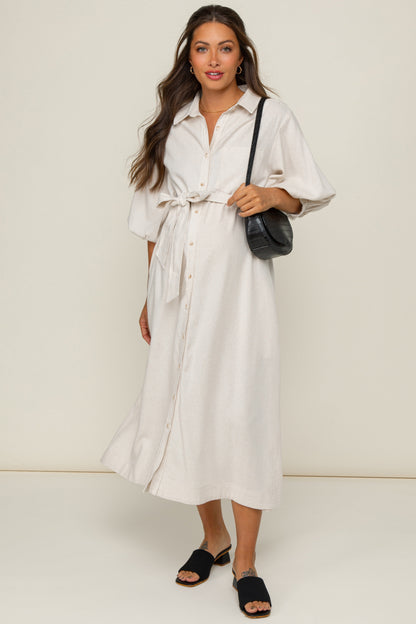 Beige 3/4 Bubble Sleeve Maternity Midi Shirt Dress
