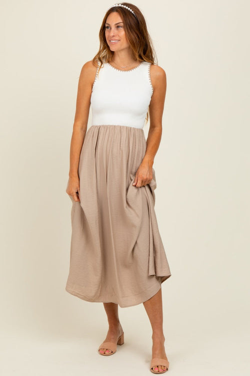 Beige Contrast Knit Top Sleeveless Midi Dress