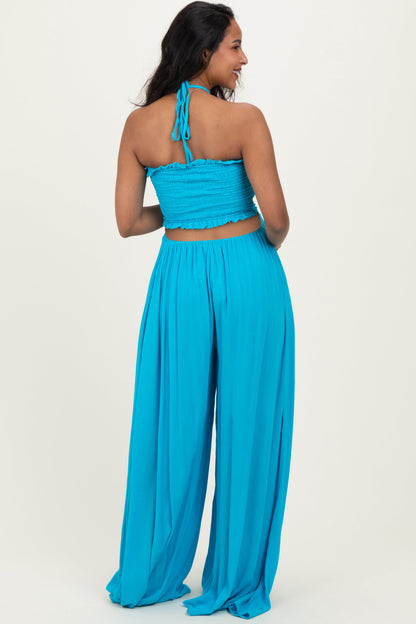 Aqua Blue Smocked Drawstring Halter Side Cutout Maternity Jumpsuit