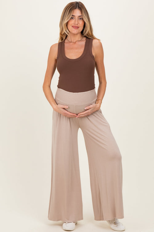 Ash Mocha Smocked Waist Wide Leg Maternity Pants