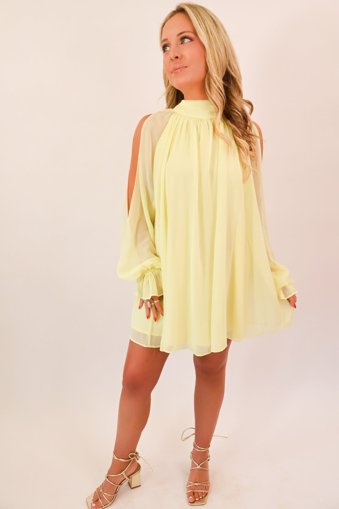 Citron Open Shoulder Chiffon Mini Dress
