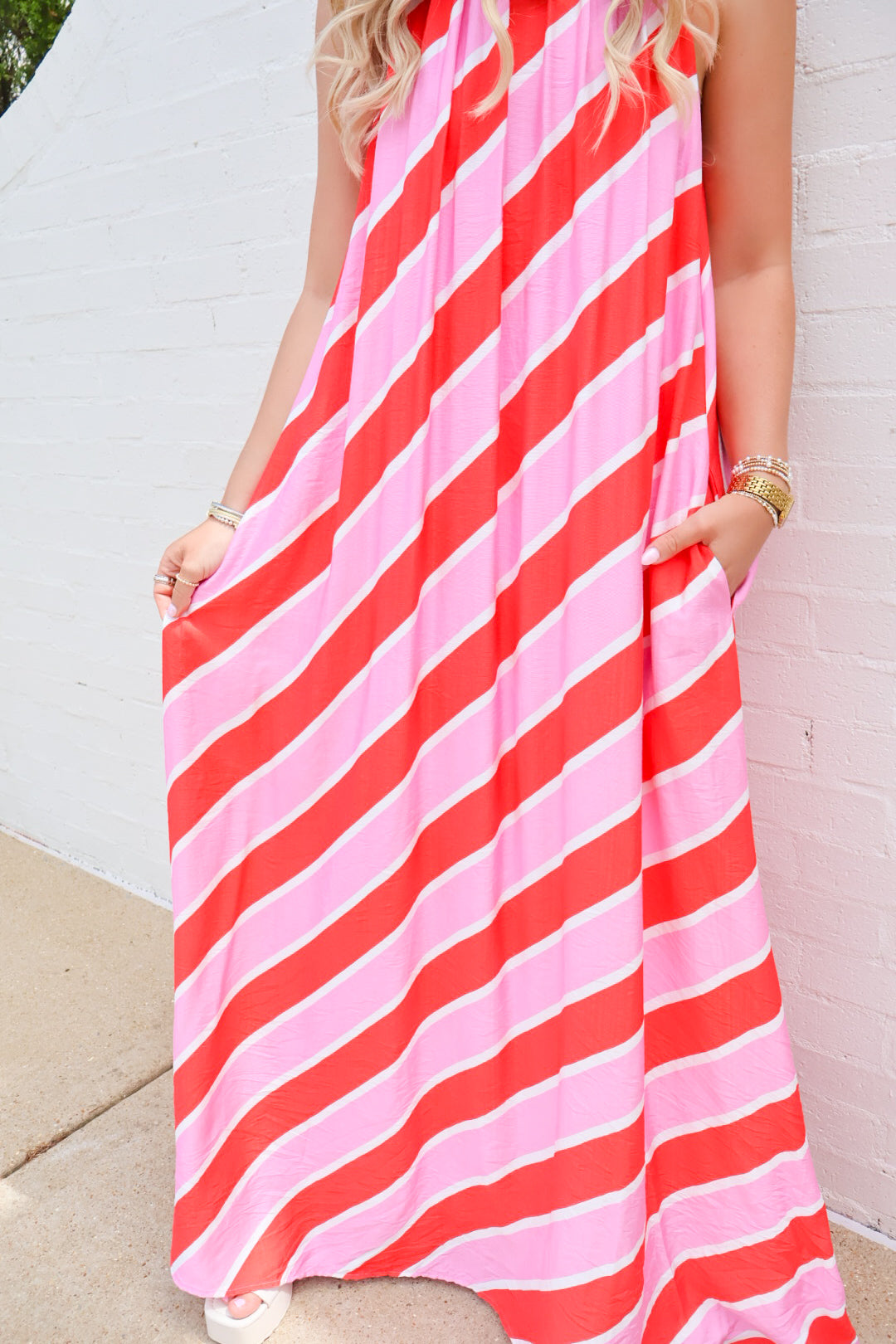 Pink Striped Halter Maxi Dress