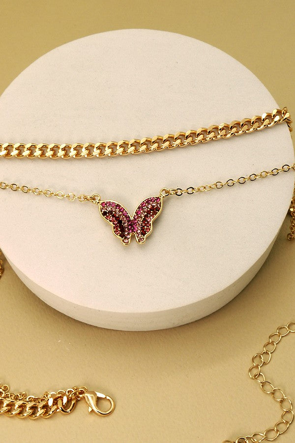 Rhinestone Butterfly Necklace (Pink)