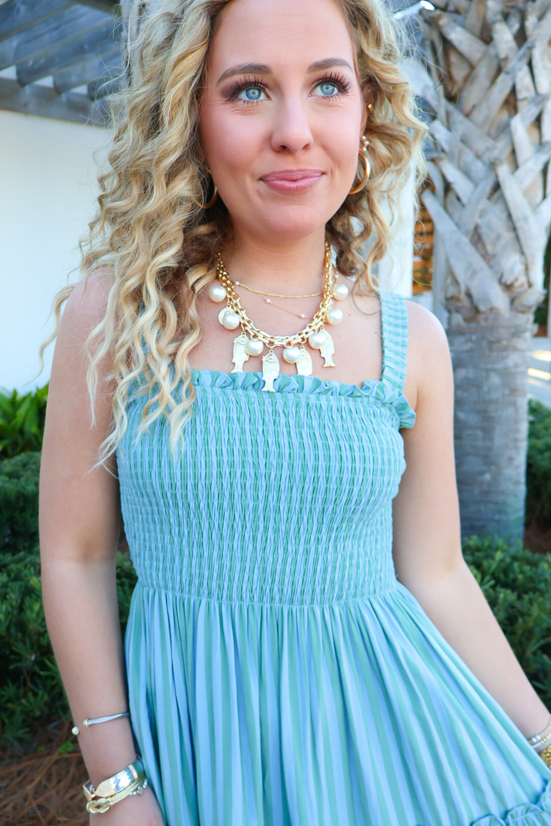 Sage & Blue Stripe Smocked Tiered Maxi Dress