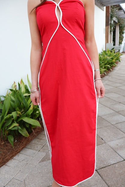 Harbor Line Midi Dress – Red