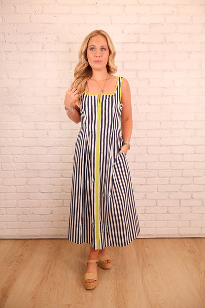 Green Trim Striped Midi Dress