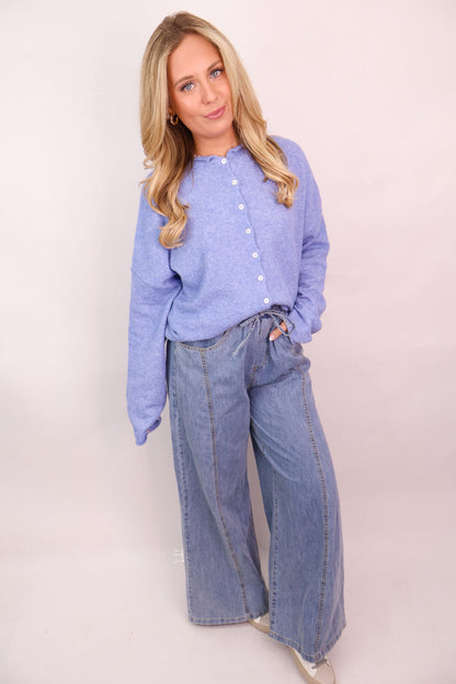 Everyday Button-Front Cardigan - Dusty Blue