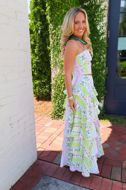 Pastel Patchwork Tiered Maxi Skirt Set