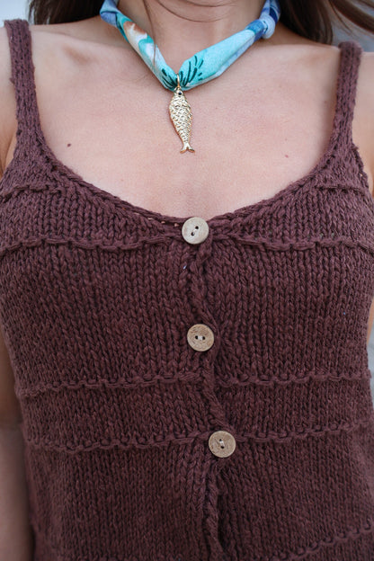 Brown Button Front Knit Tank