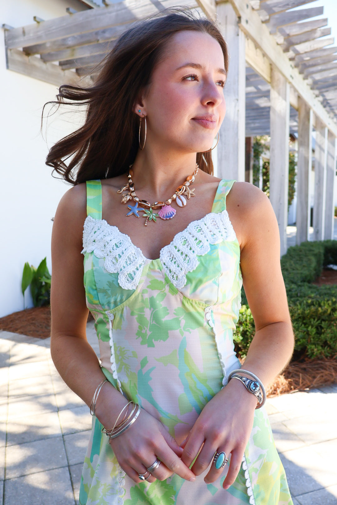 Green Printed Lace Trim Mini Dress
