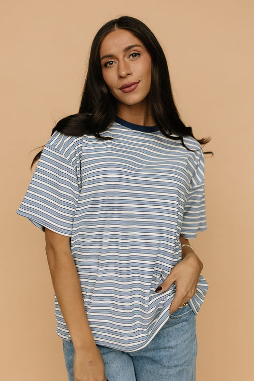Porter Fleece Stripe Tee in Light Blue