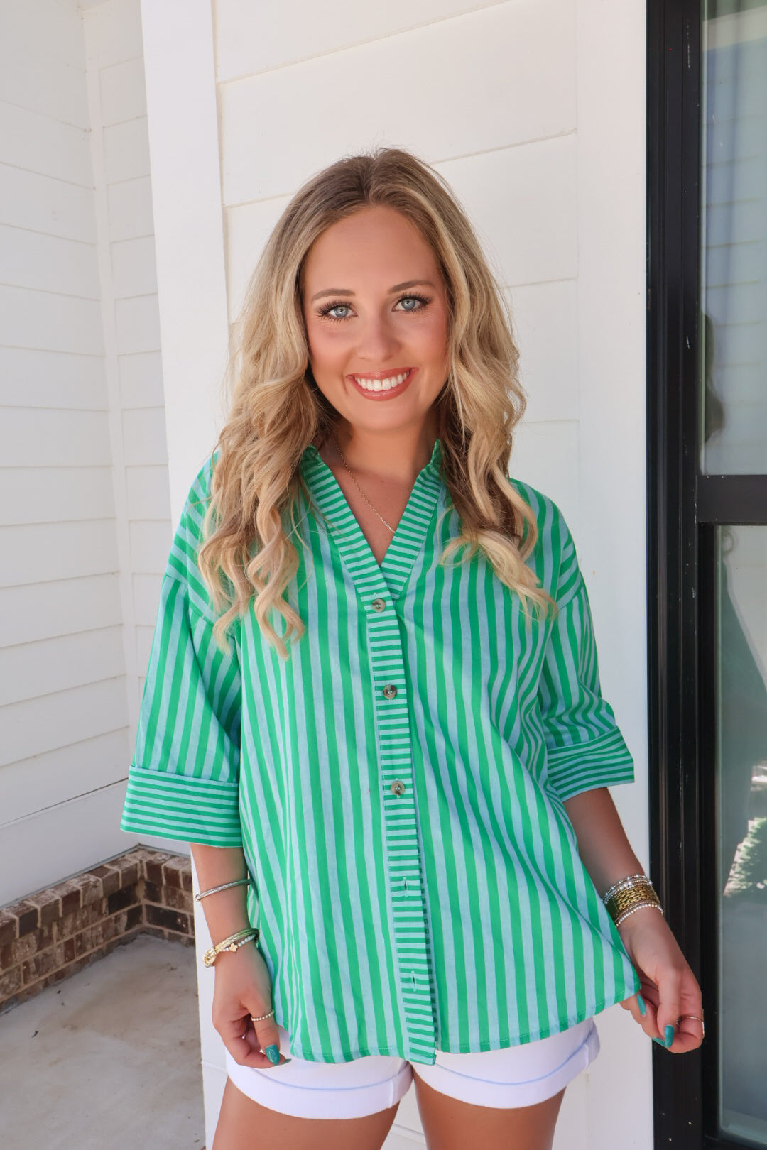 Kelly Green Striped Button Front Top