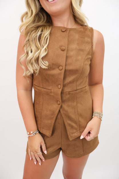 Faux Suede Vest and Shorts Set - Camel