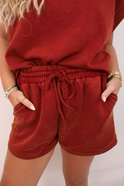 Mineral Washed Shorts Set - Burgundy