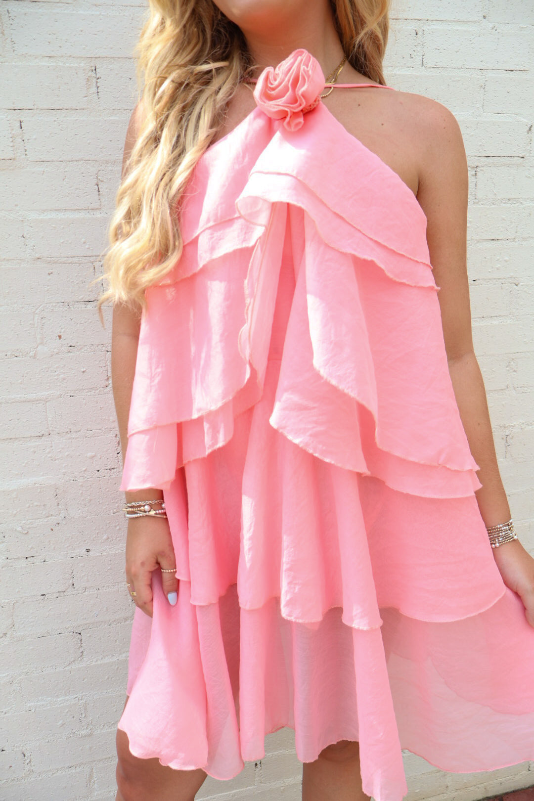 Tiered Rose Bud Halter Dress - Pink