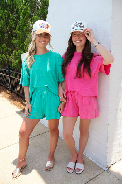 Mineral Washed Shorts Set - Pink