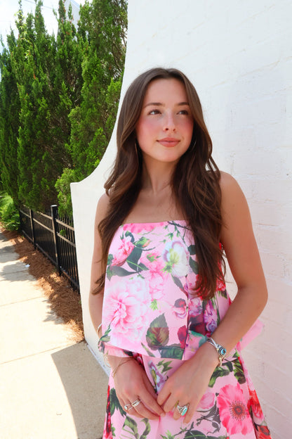 Pink Floral Tiered Ruffle Maxi Dress