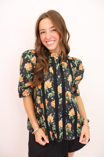 Midnight Marigold Floral Puff Sleeve Top