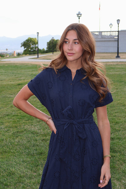 Liv Eyelet Dress in Navy