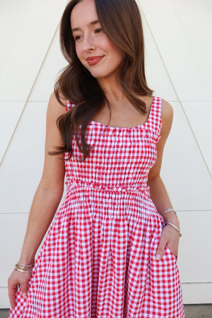 Red Gingham Midi Dress