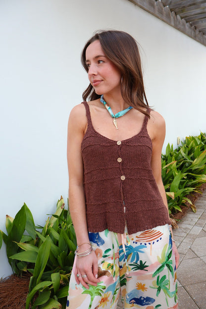 Brown Button Front Knit Tank
