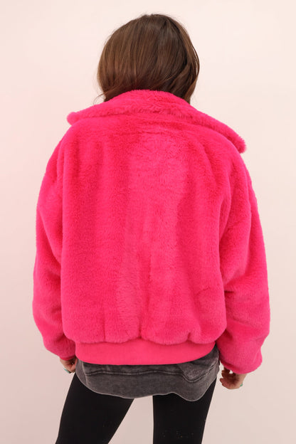 Faux Fur Bomber Jacket - Fuchsia