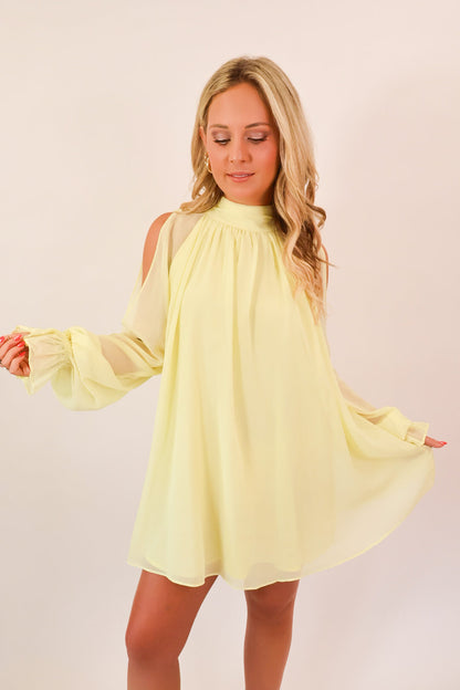Citron Open Shoulder Chiffon Mini Dress