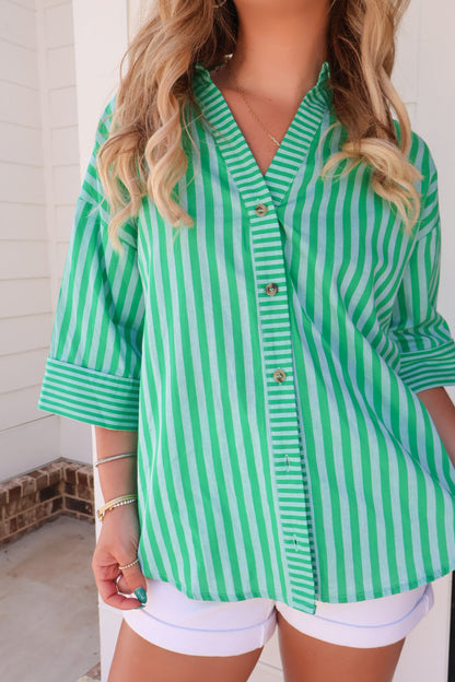 Kelly Green Striped Button Front Top