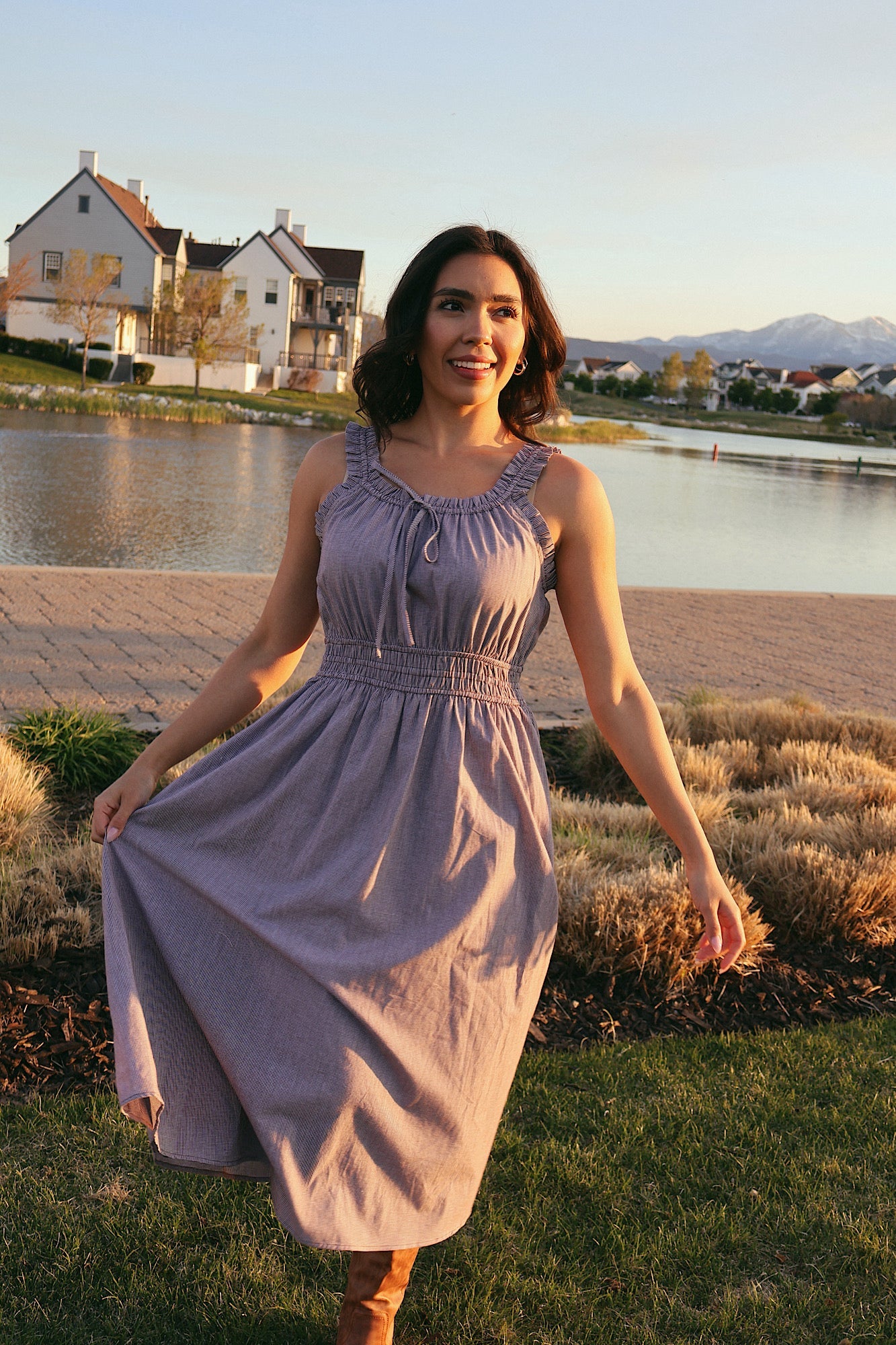 Georgia Gingham Dress in Charcoal
