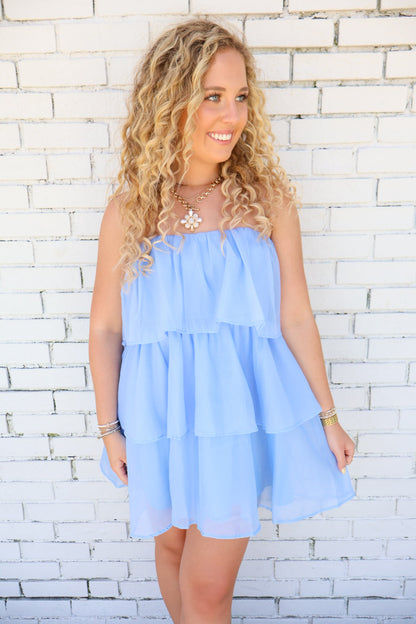 Blue Tiered Strapless Mini Dress