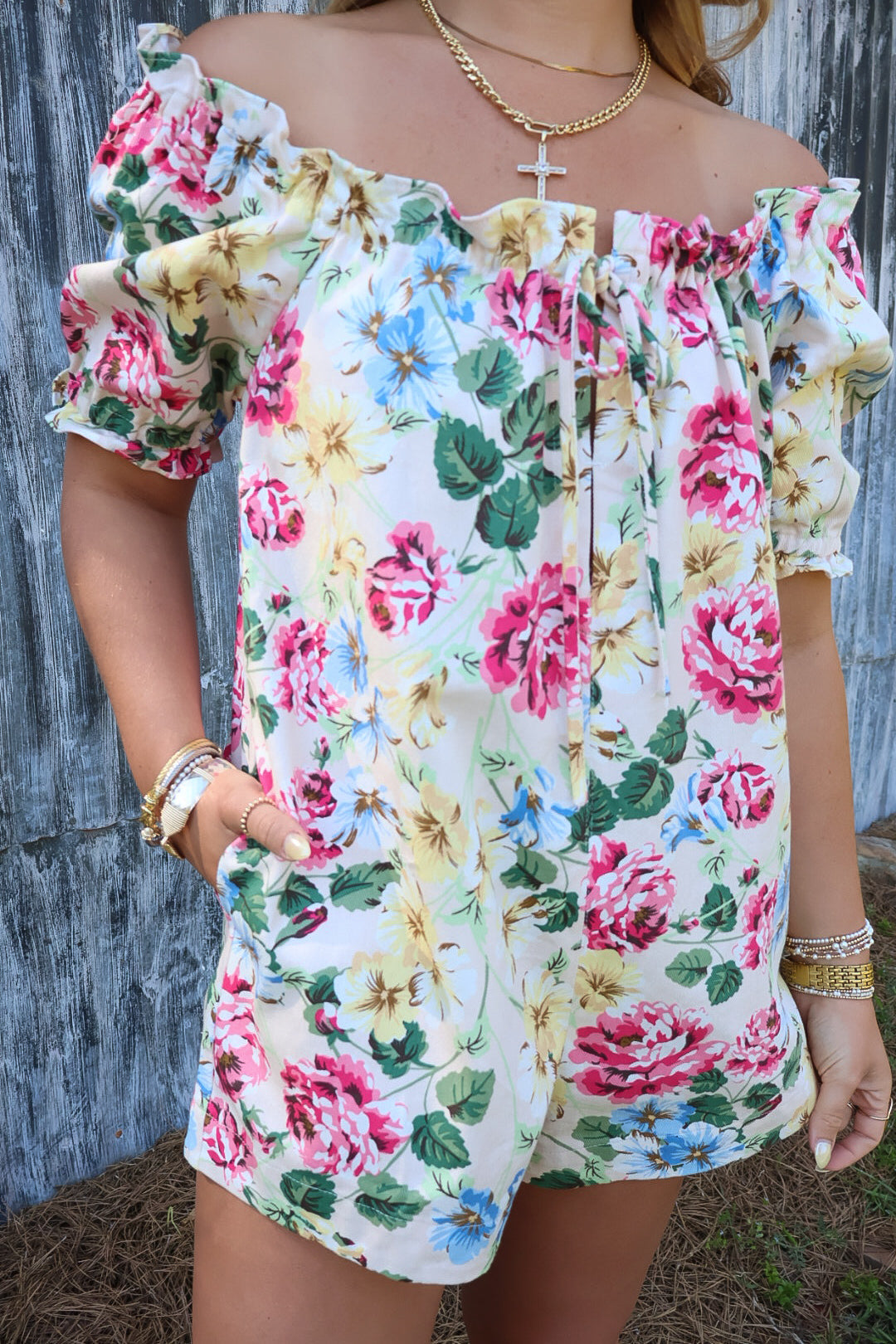 Cream Floral Off-The-Shoulder Babydoll Romper