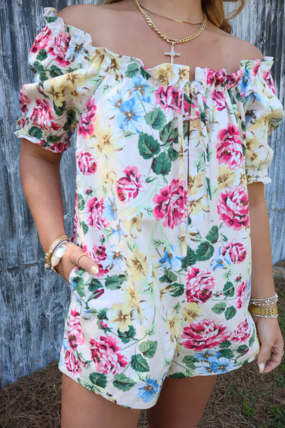 Cream Floral Off-The-Shoulder Babydoll Romper