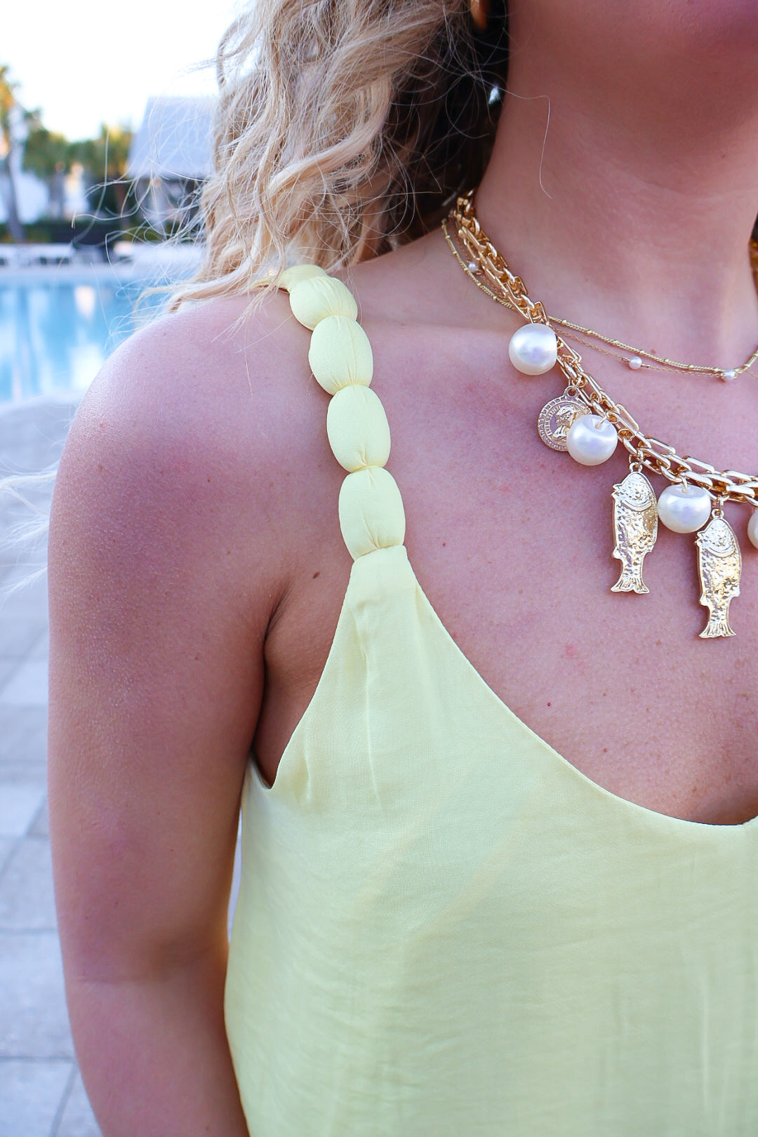 V-Neck Beaded Strap Tank Top - Banana Yellow