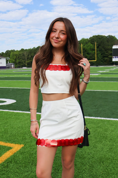 Red Sequin Trimmed White Crop Top and Mini Skirt Set