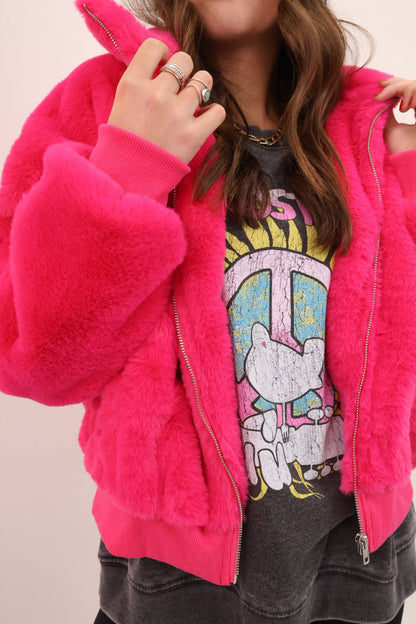 Faux Fur Bomber Jacket - Fuchsia