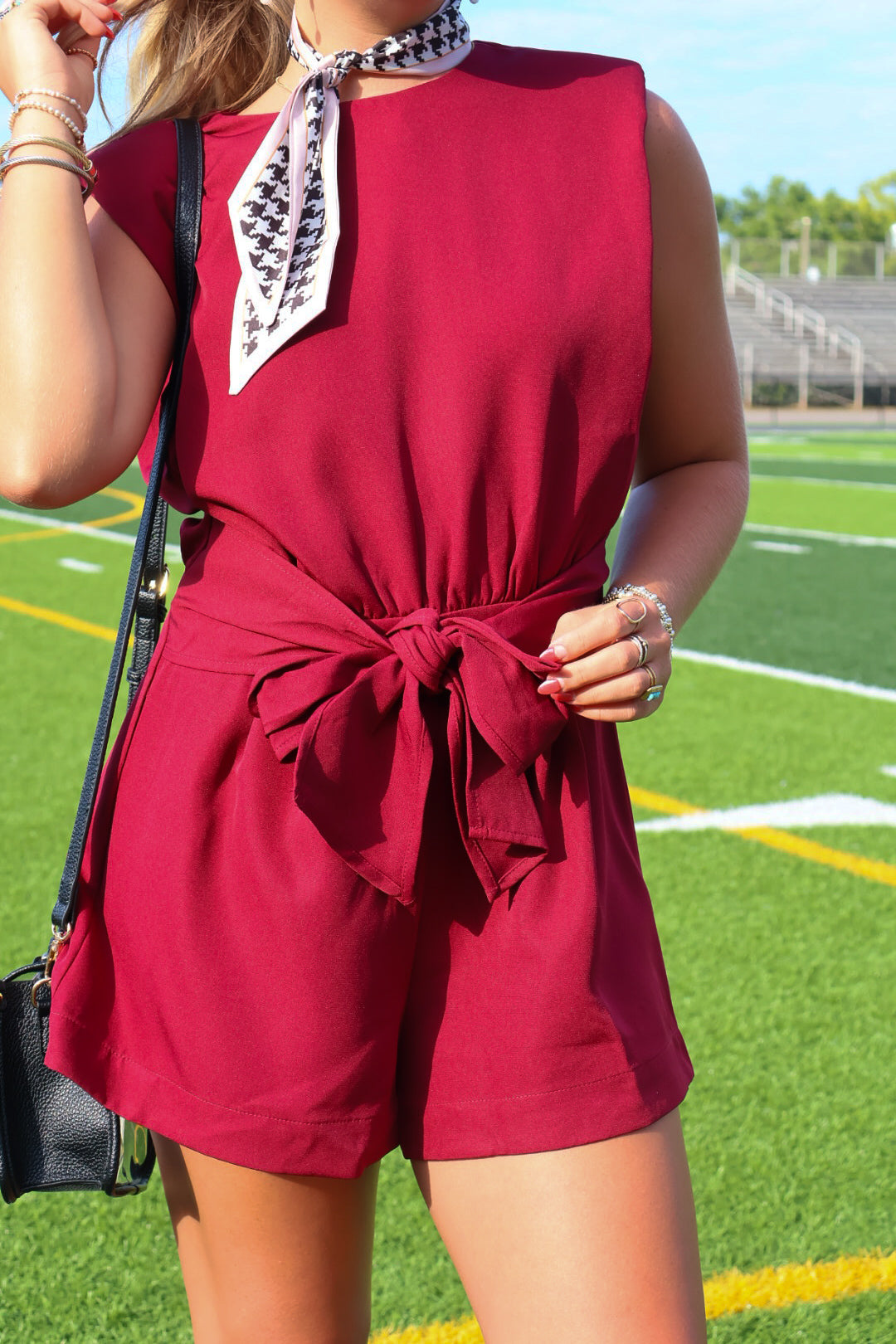 Burgundy Padded Shoulder Tie Romper