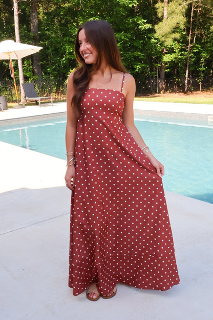 Brown + White Polka Dot Maxi Dress